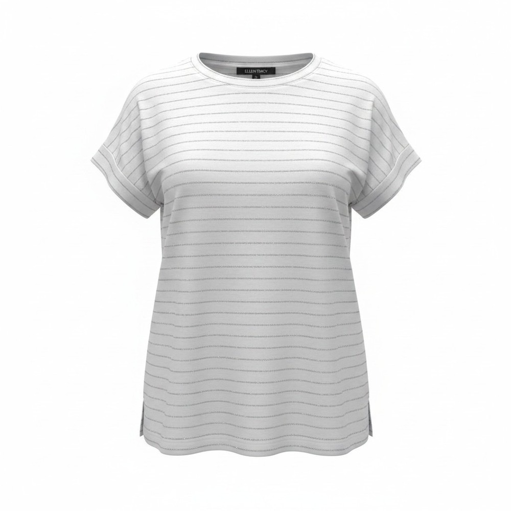 Ellen Tracy Womens Small White Silver Metallic Striped Cuffed Short Sleeve Top